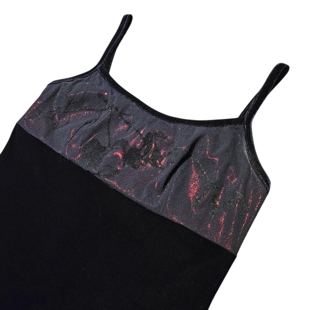 VTG 579 Black Velvet Evening Gown Sz 1 Floral Shimmer Bodice Slit Whimsigoth 90s - Picture 9 of 15
